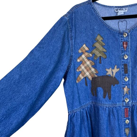 Haik’s Sz 1X Vintage 90s Holiday Themed Denim Midi Dress Prairie Cottagecore - Picture 4 of 16